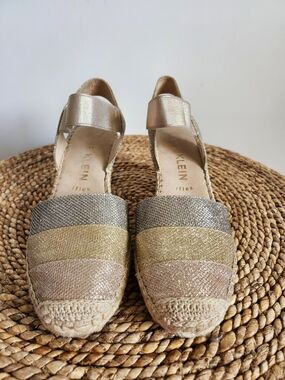 Anne Klein Metallic Tri-Stripe Espadrille Wedges - Silver, Gold, Champagne